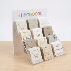 4-tier white and clear acrylic display stand with 10mm backboard for jewelry cards and greeting cards