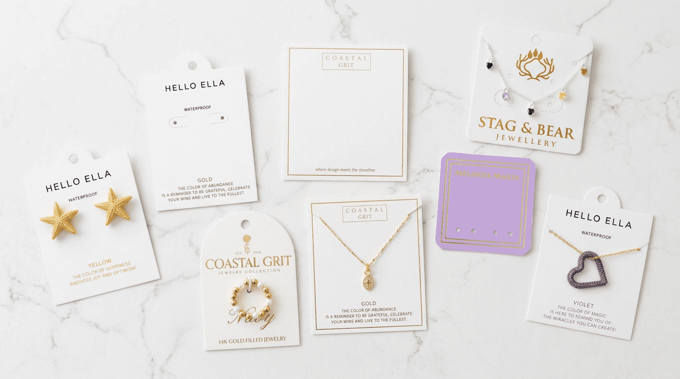 Various custom jewelry cards including earring, necklace, and ring holders with 700g thickness and gold foil logo stamping.