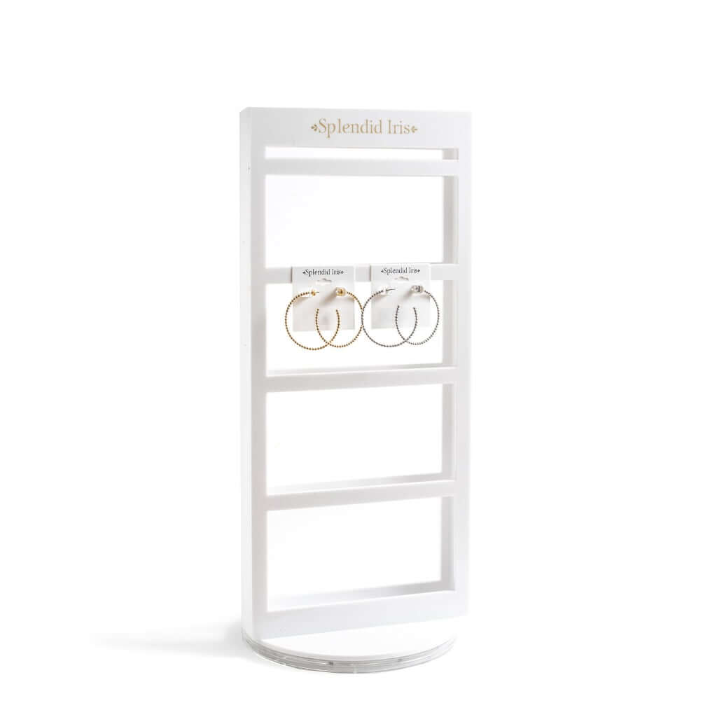 Rotating white acrylic earring display stand with 2-sided panels for jewelry card hanging, 8x20 inches.