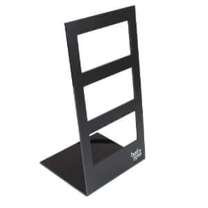 L-shaped black acrylic jewelry display earring holder with 3 tiers for retail shop earring organization.