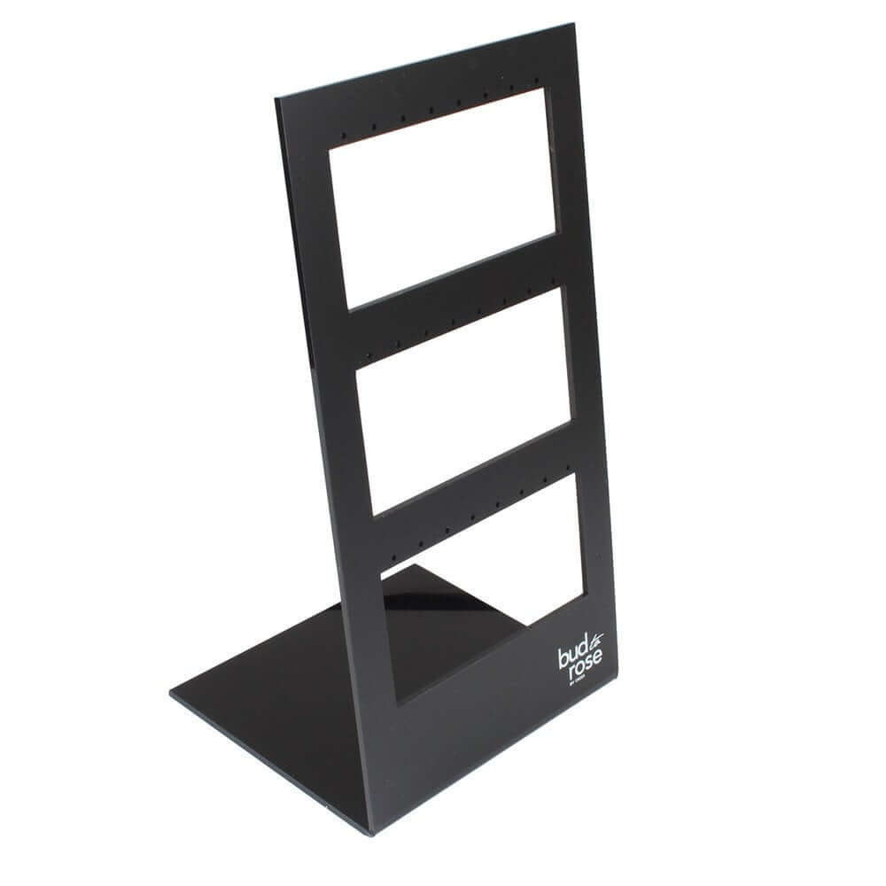 L-shaped black acrylic jewelry display earring holder with 3 tiers for retail shop earring organization.