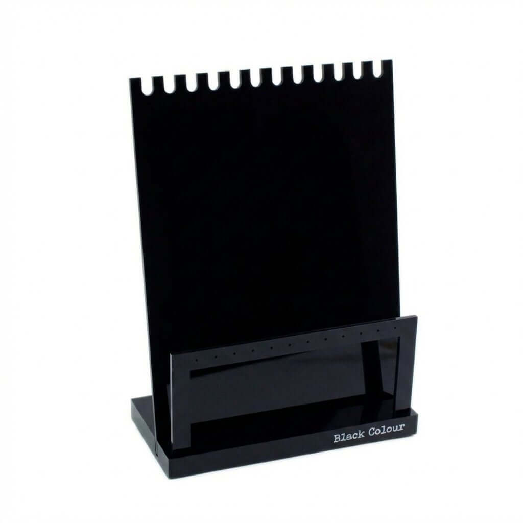 Black acrylic jewelry display stand with 80-degree tilt for 6 necklaces and 6 pairs of earrings.