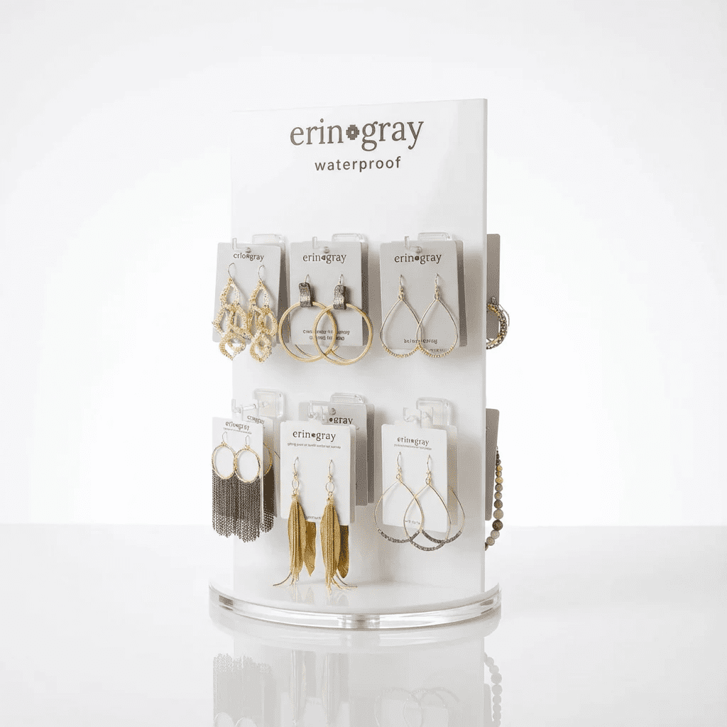 Sleek white acrylic rotating earring display stand with transparent hooks for retail jewelry card presentation.
