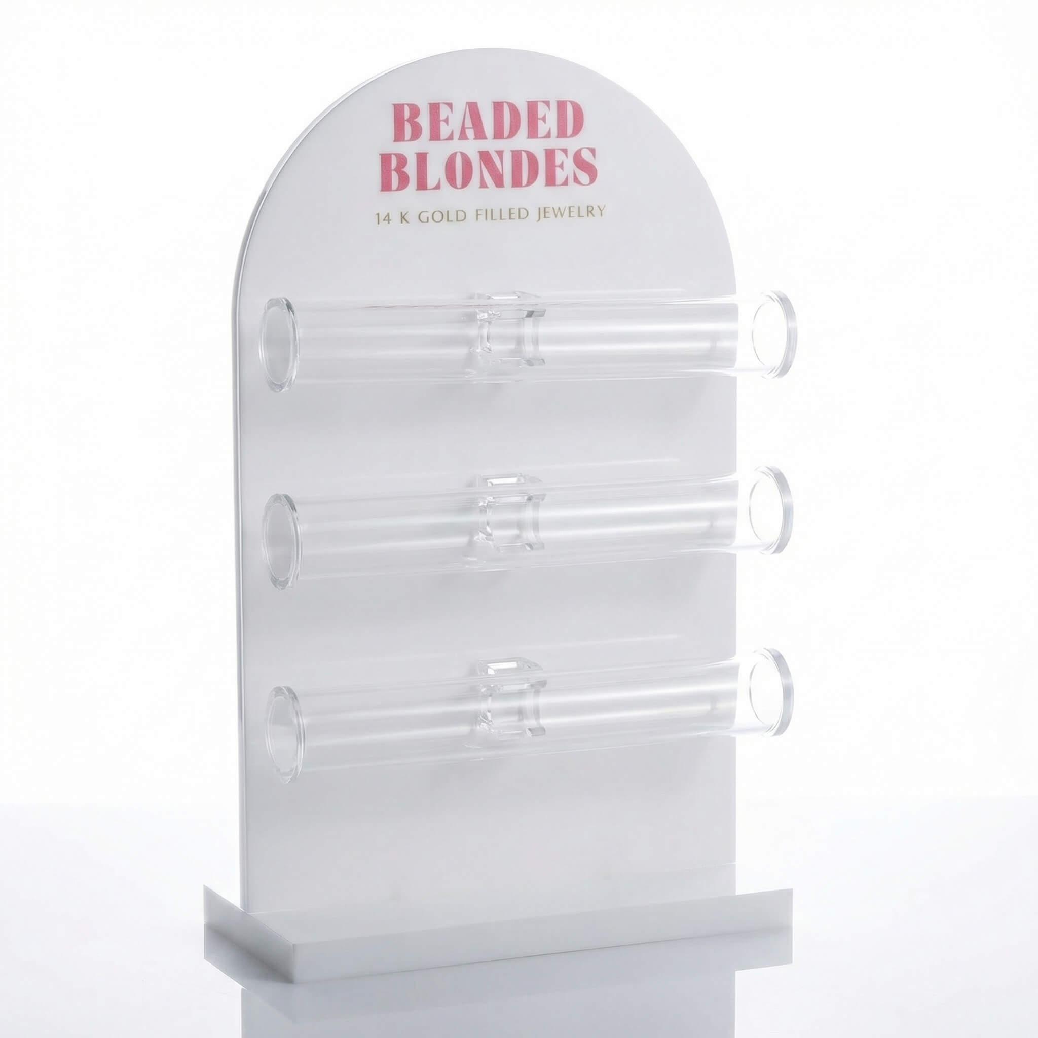 Custom white acrylic bracelet holder with transparent T-bars and elegant curved top for luxury jewelry retail display.