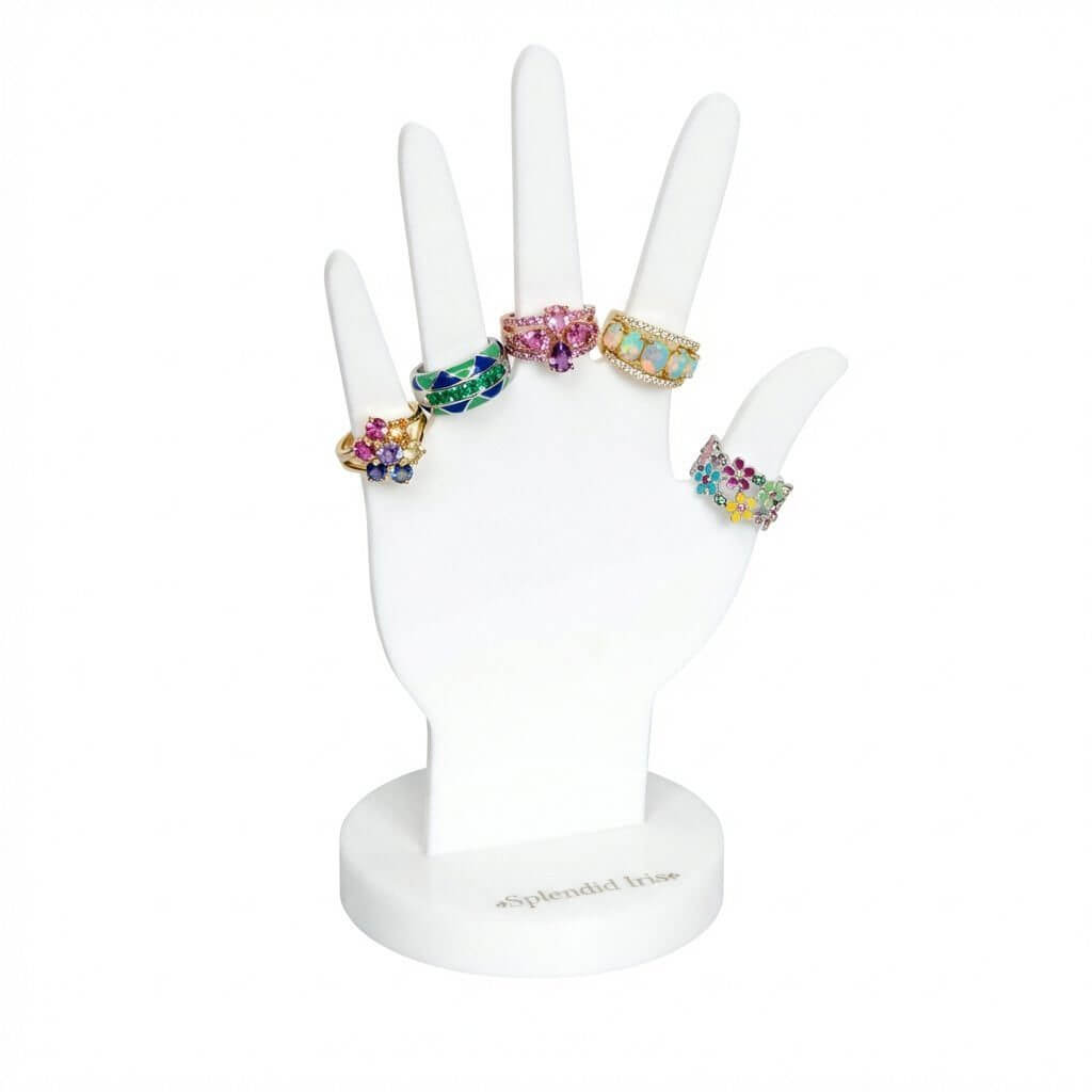 White acrylic hand-shaped ring display stand with a 5x8 inch base and custom brand logo