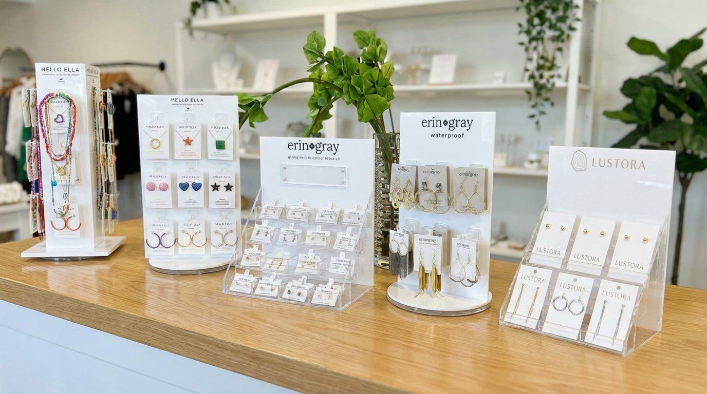 Professional 3-tier white acrylic jewelry display stand with transparent tiers for earring and necklace cards.