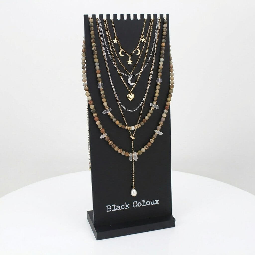 Black acrylic necklace display stand with 12 slots and stable 1-inch thick base.