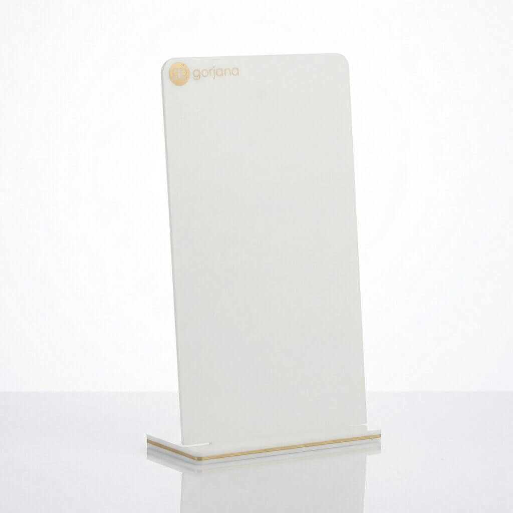 White acrylic necklace stand with 80-degree tilt and anti-slip back slots for jewelry display.