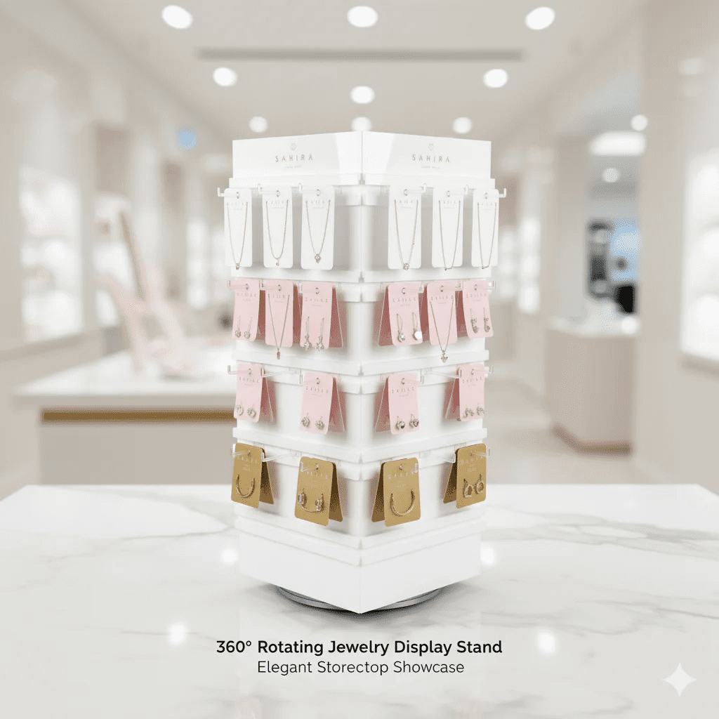 Four-sided rotating acrylic earring spinner display with movable pegs and custom brand logo for retail carded jewelry.