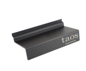 acrylic slatwall shoe shelf featuring a custom logo for retail footwear display and space-saving organization