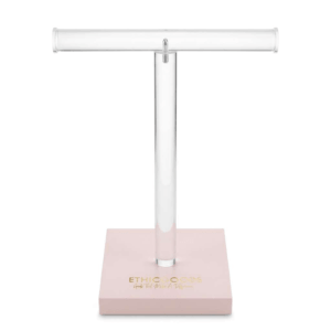 T Bar Necklace Stand with Pink Base & Gold Logo for Long Chains