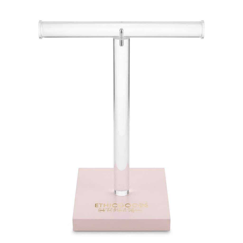 16 inch tall clear acrylic T-bar necklace stand with a steady pink base and custom gold silk-screen logo.