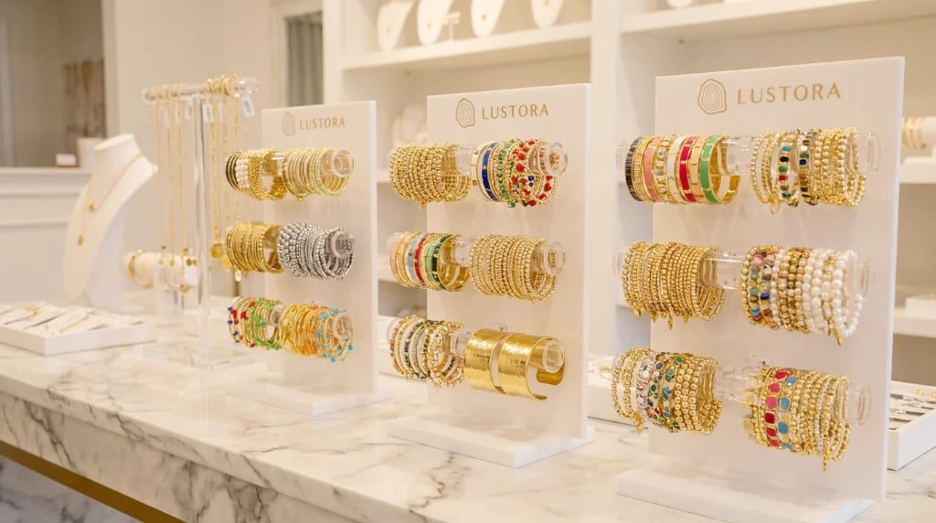 3-tier premium white acrylic bracelet display stand with clear tiers and custom logo for jewelry retail.