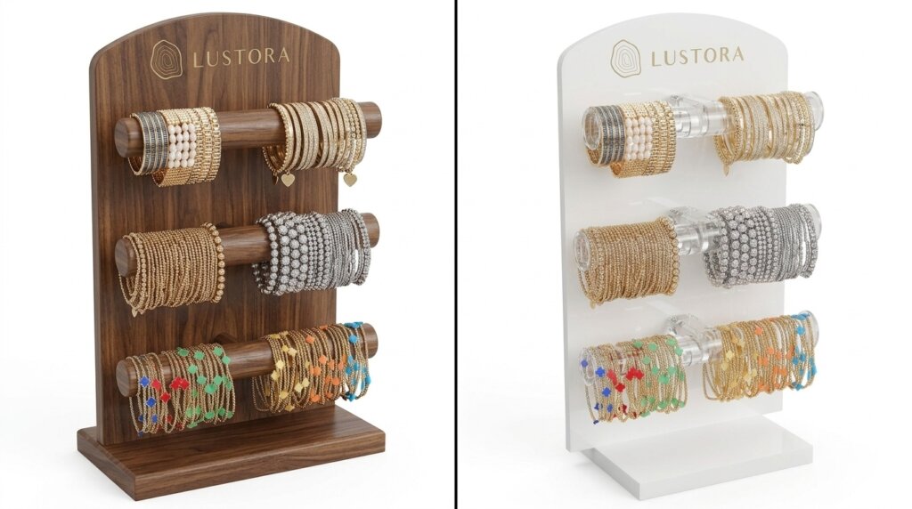 3-tier clear acrylic T-bar bracelet holder with polished edges for retail counter jewelry display.