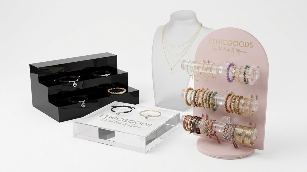 High-transparency clear acrylic jewelry display stand with polished edges for modern luxury retail window showcases.