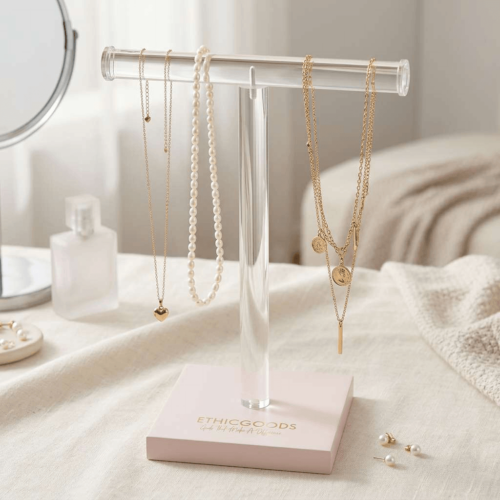 16 inch extra tall clear acrylic T-bar necklace holder with stable 5x5 inch pink base and gold logo.