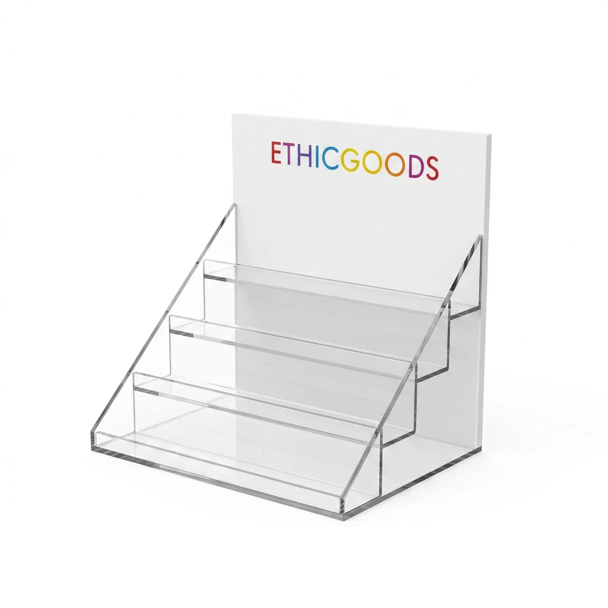 Custom acrylic card display with a 10mm white backboard and 4 clear tiers for retail jewelry card presentation.