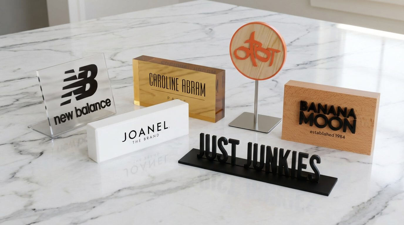 custom branding blocks with diamond polished edges and reverse-printed logo