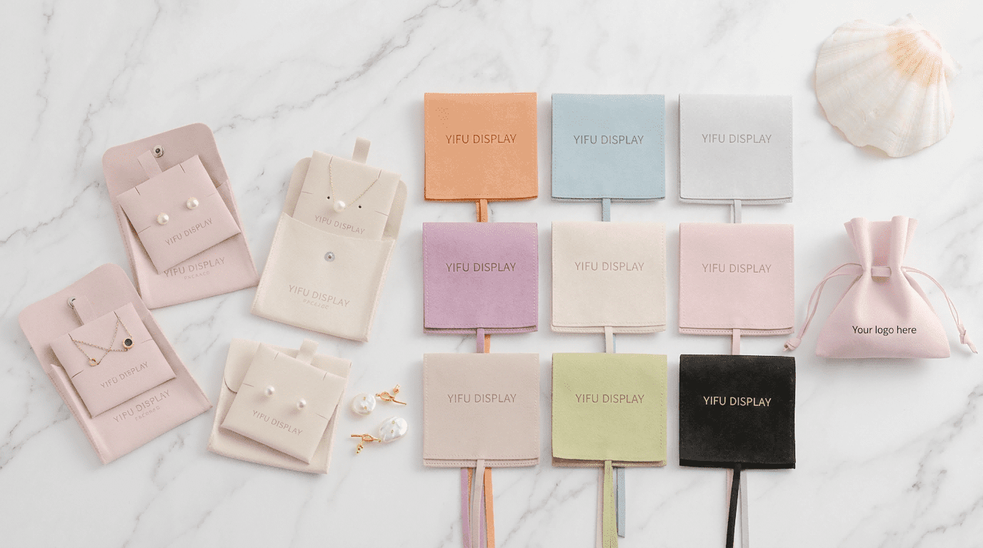 Various custom jewelry packaging styles including button and drawstring pouches in multiple colors for small business branding.