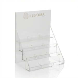 3-tier white acrylic earring card display stand with transparent slots for jewelry retail card presentation.