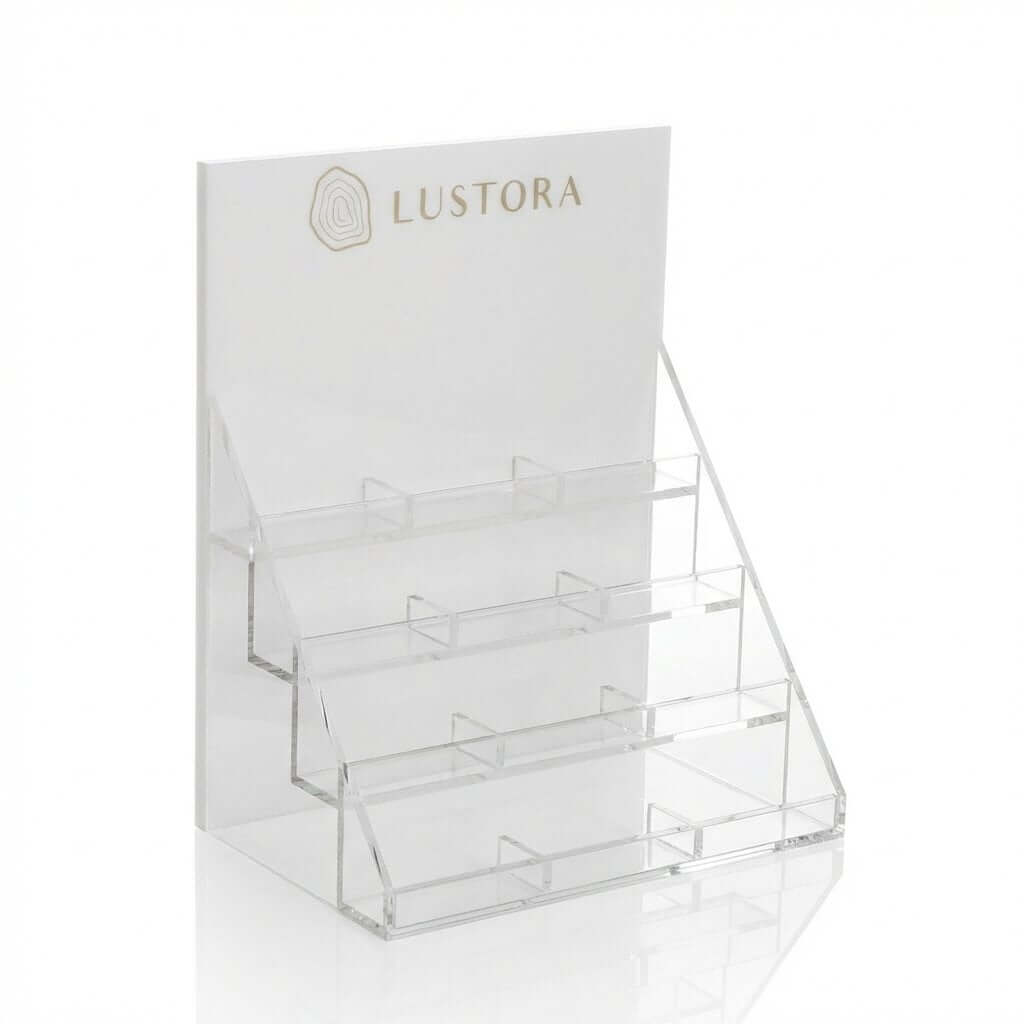 3-tier white acrylic earring card display stand with transparent slots for jewelry retail card presentation.