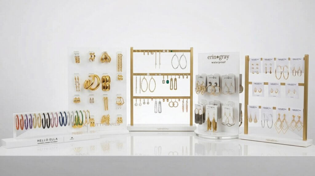 Retail earring holder ideas featuring custom cards on a rotating rack.