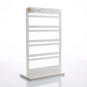 White acrylic desktop jewelry card display stand with 80-degree slant back for earrings and necklaces.
