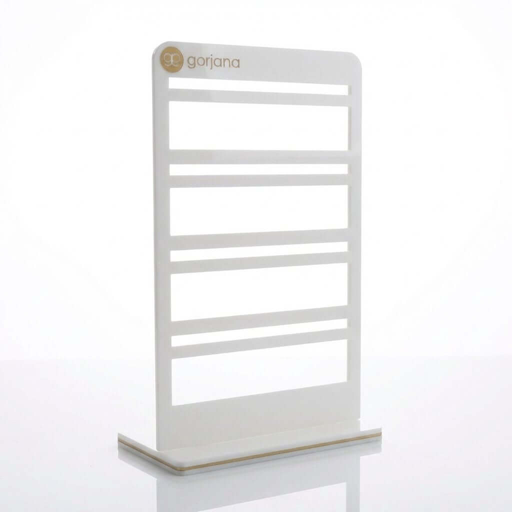 White acrylic desktop jewelry card display stand with 80-degree slant back for earrings and necklaces.