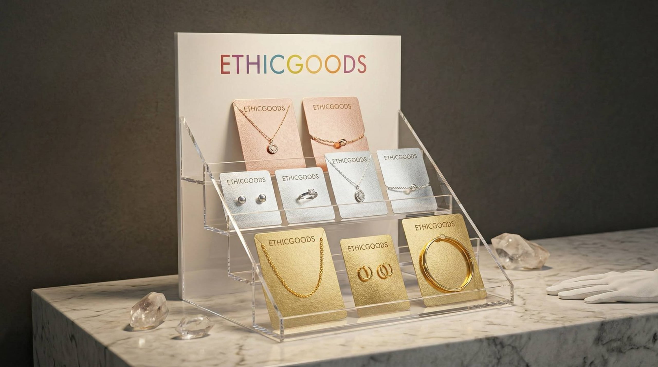 4-tier acrylic earring card display stand with white backboard and clear steps for hanging multiple jewelry cards.