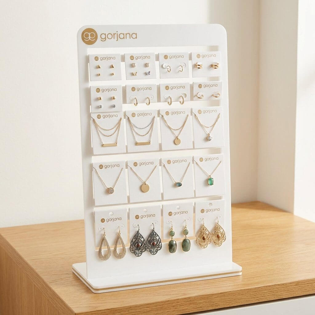 Wholesale white acrylic earring card holders with stable 1-inch thick base and 80-degree slanted backplane.