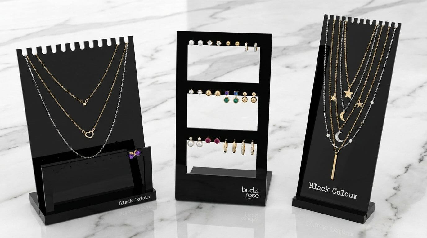 Durable 3-tier black acrylic earring display stand for markets, featuring 24 holes and a 70-degree viewing angle.