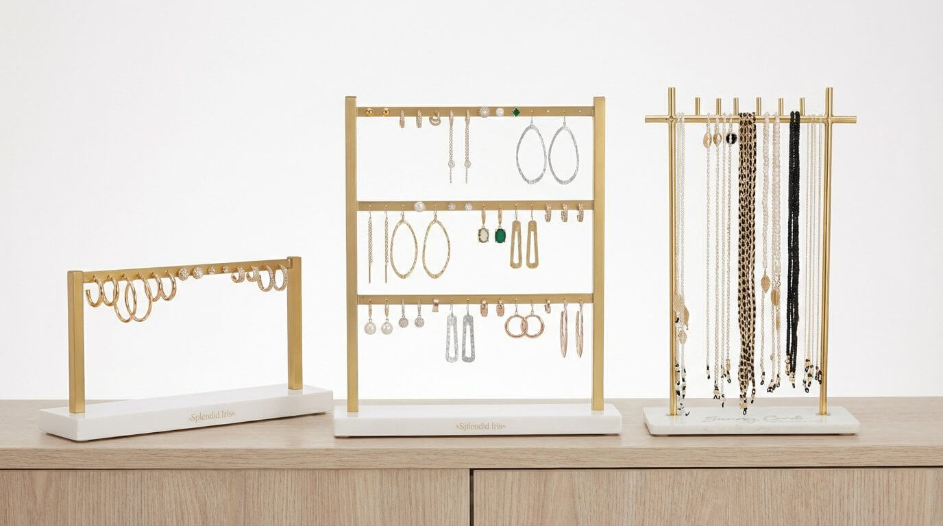 3-level gold and white metal earring display stand holding 21 hanging earrings with custom logo base.