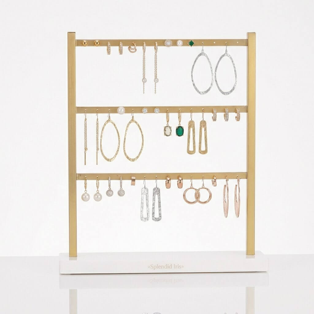 3-tier gold and white earring jewelry display stand featuring a custom logo on a weighted base for retail counters