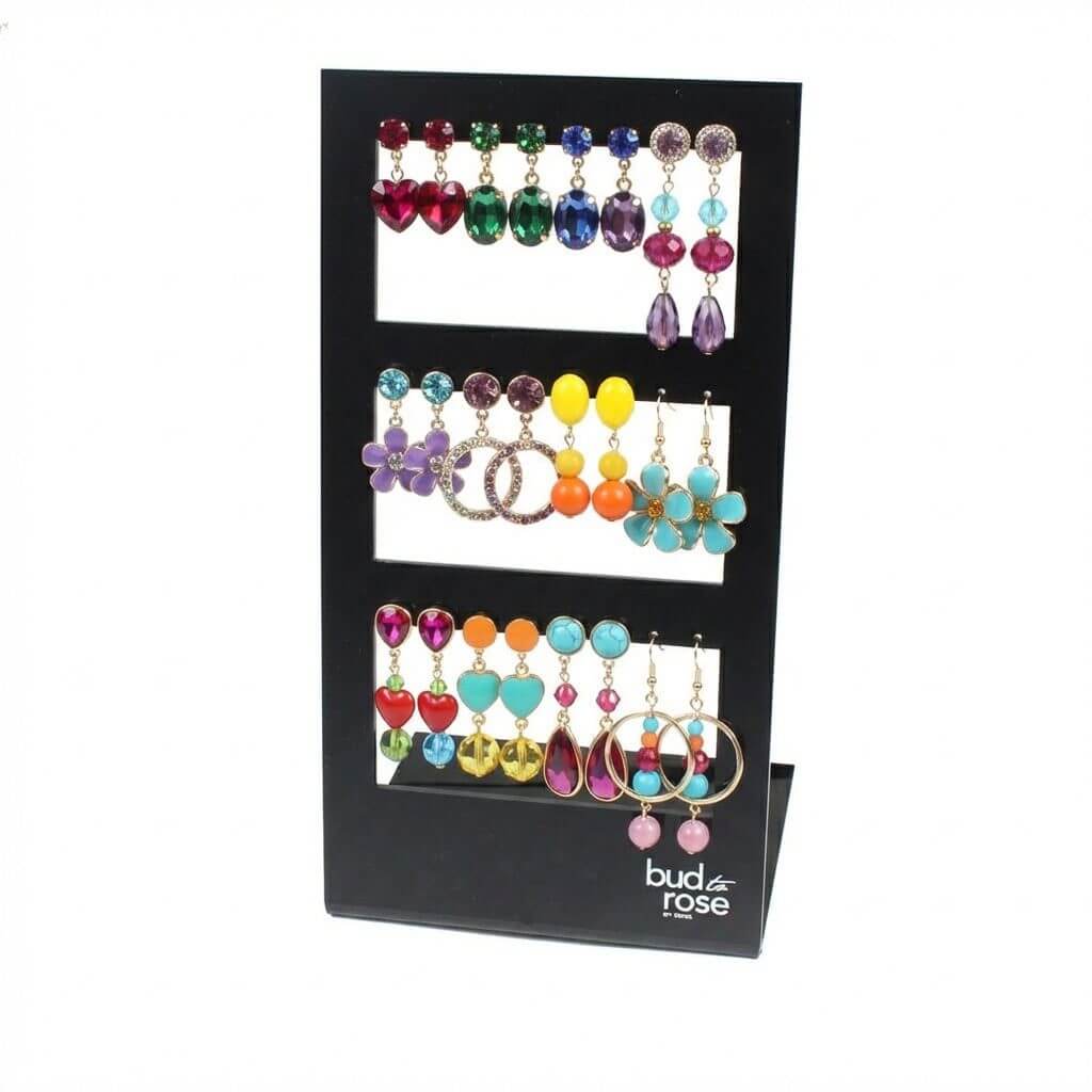 8-inch black acrylic earring display stand with 3 tiers and 24 holes for retail jewelry shop showcase.