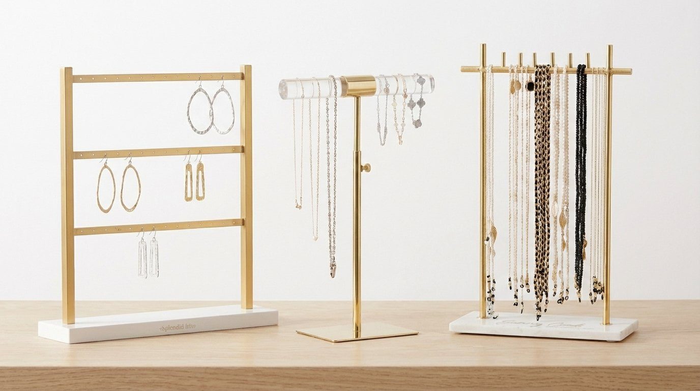 Modern gold jewelry display stand featuring a height-adjustable T-bar and clear acrylic rod for upscale necklace presentation.