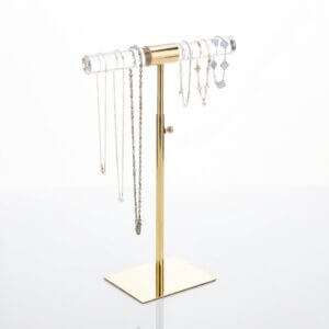 Height adjustable gold metal and clear acrylic jewelry stand for necklace and bracelet display with custom logo base.