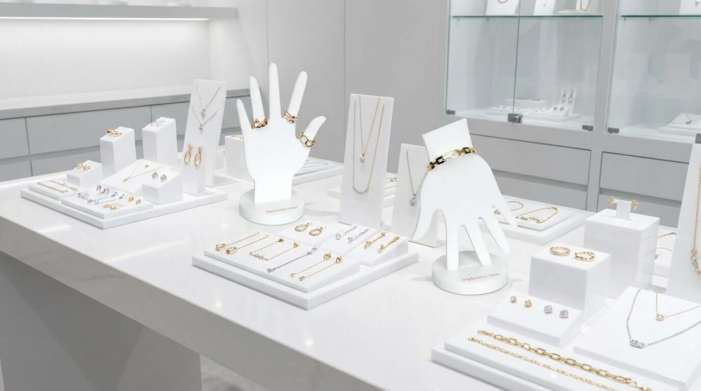 Creative handbag display ideas for shop using white acrylic hand stands to showcase luxury clutches and accessories.