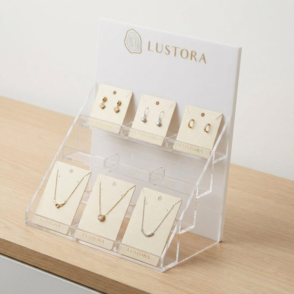 Minimalist white acrylic jewellery display card with custom gold brand logo for earrings and necklaces.