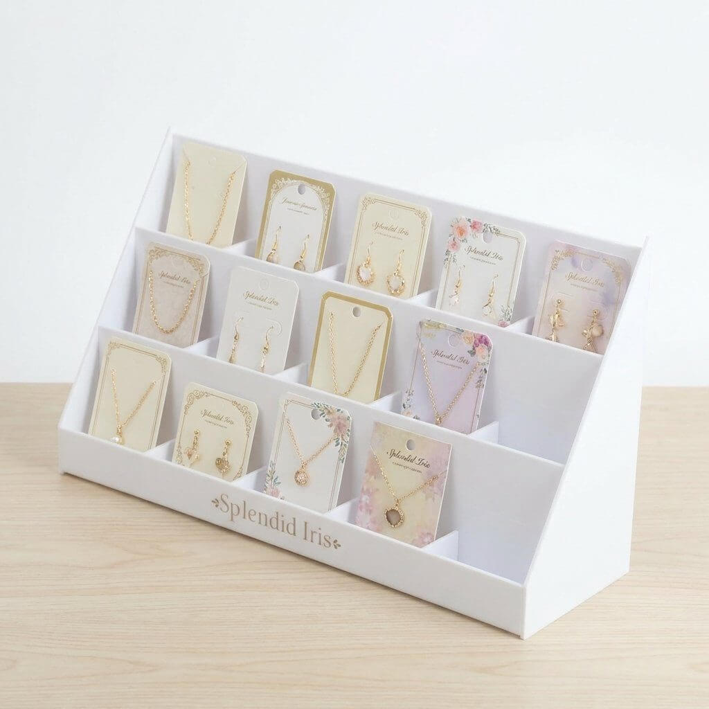 White 3-tier jewelry card display stand with 15 compartments for countertop earring and necklace card organization.