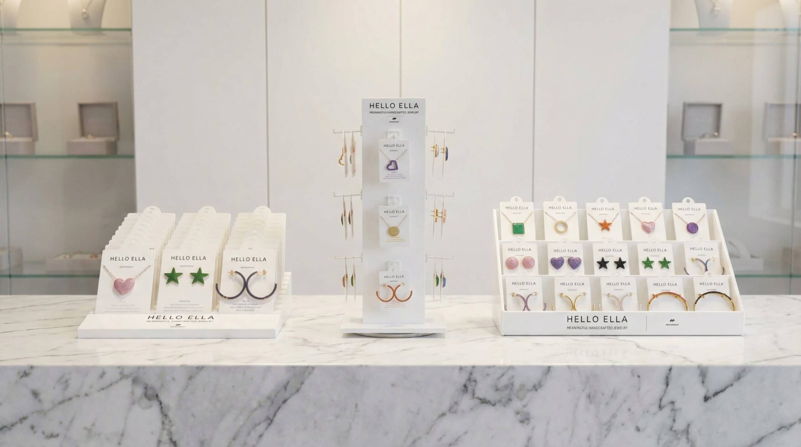 Creative 3-tier jewelry card display ideas for retail counters, featuring a white tiered stand for organized earring presentation.