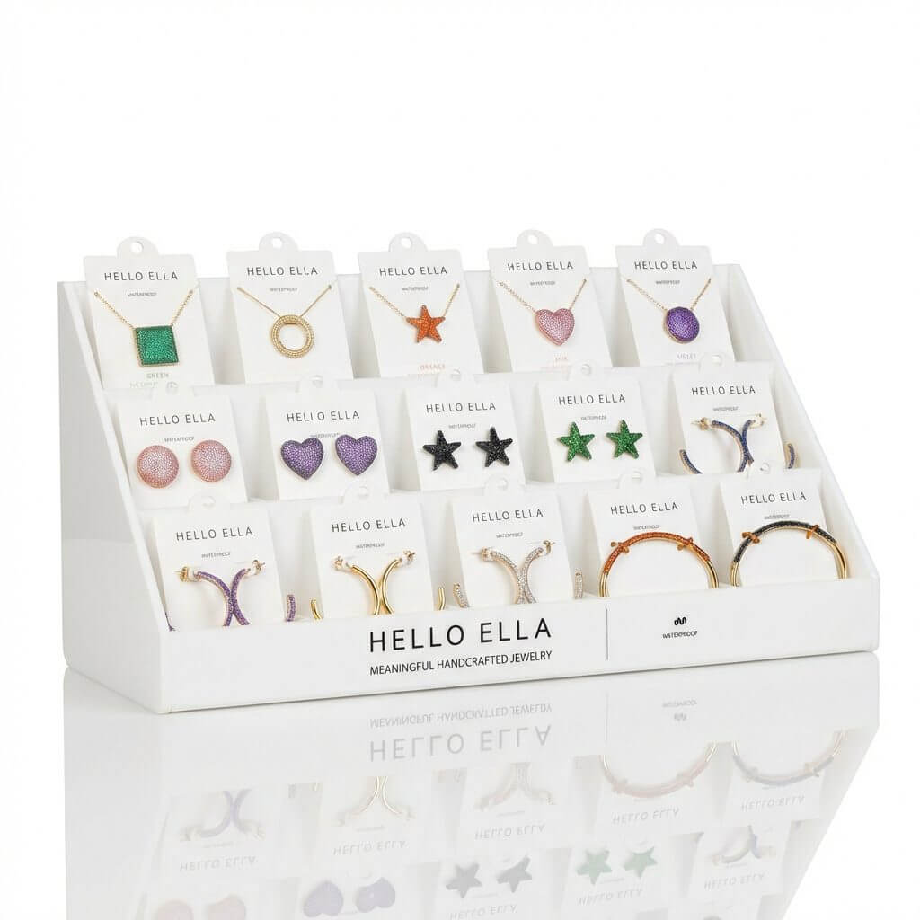 3-tier white tiered jewelry card display stand with 15 slots for retail countertop organization.