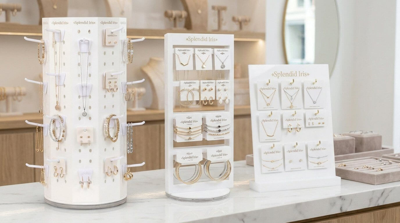Creative jewelry vendor display ideas featuring a white acrylic leaning stand with gold hooks for earring cards.
