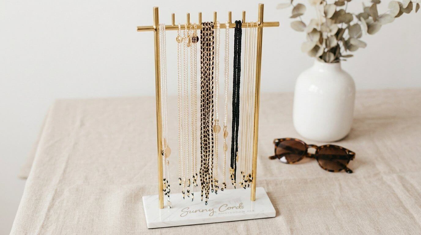 Modern marble display ideas: 18" gold necklace stand with real marble base.