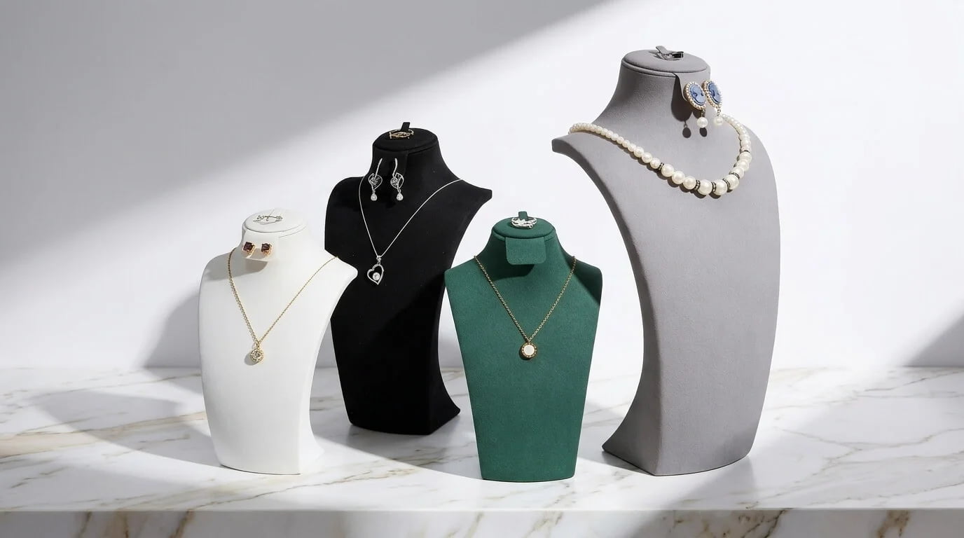 A set of three microfiber bust display stands in staggered heights (9"", 10"", 13"") for coordinated jewelry showcase arrangements.
