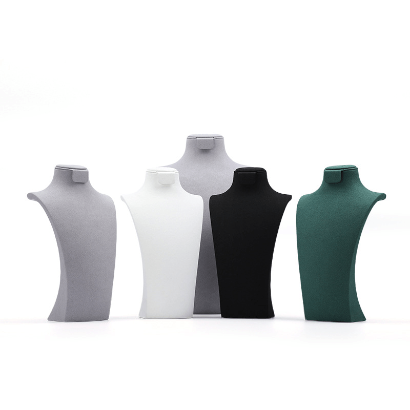 Elegant microfiber jewelry mannequin bust for high-end necklace and earring display, shown in a 3-piece tiered arrangement.