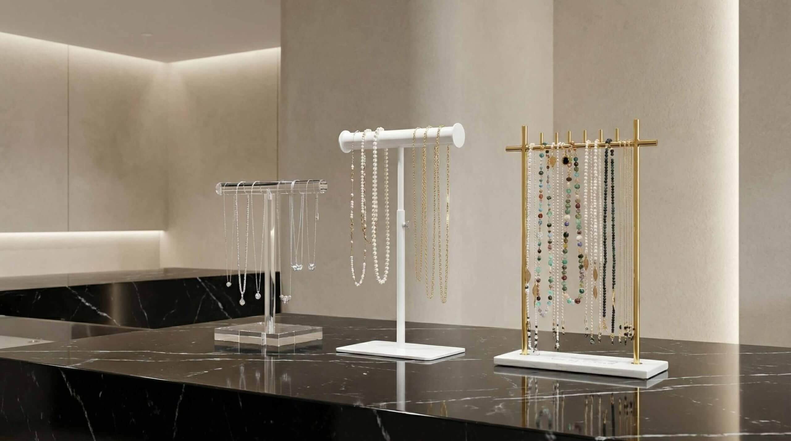 Creative necklace display ideas using an adjustable white metal T-bar stand to showcase varying chain lengths in a jewelry boutique.