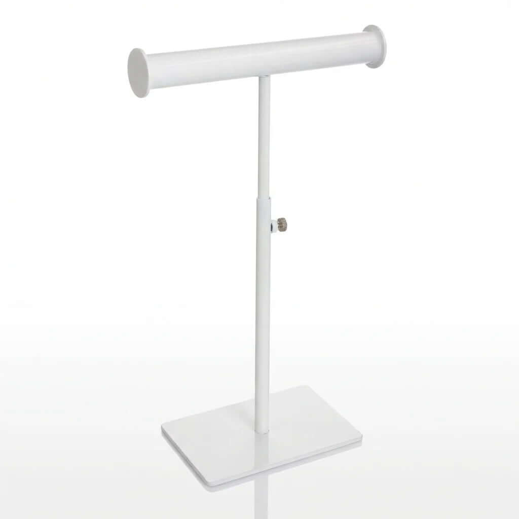 Adjustable white metal jewelry stand for necklaces and bracelets, featuring a 10 to 18-inch height range and custom logo base.