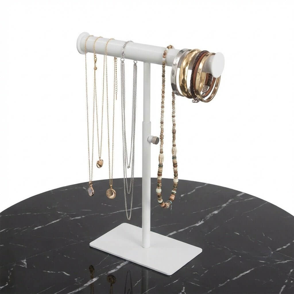 Height-adjustable white metal necklace jewelry display stand for showroom counters and boutique necklace presentation.