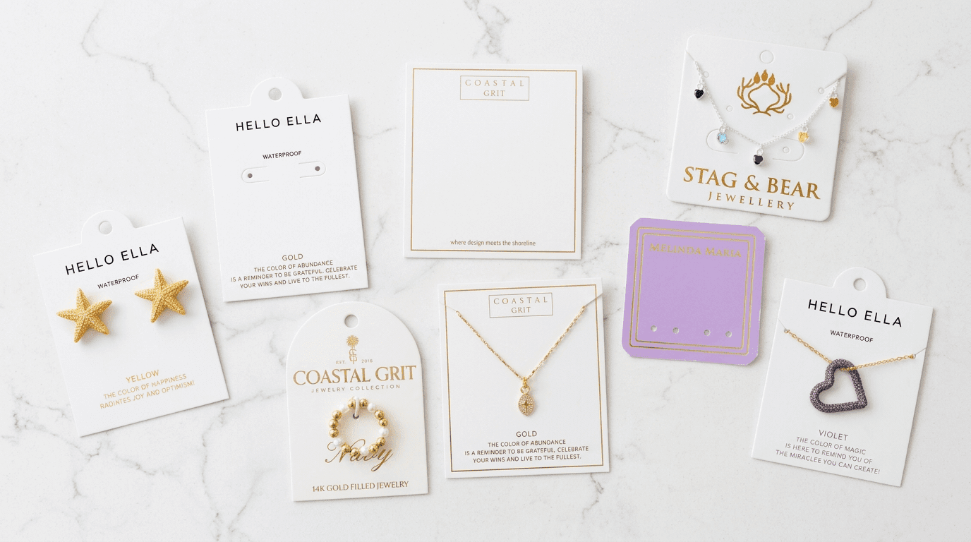 Personalized jewelry display cards for necklaces and earrings with custom embossed and gold foil logo branding.
