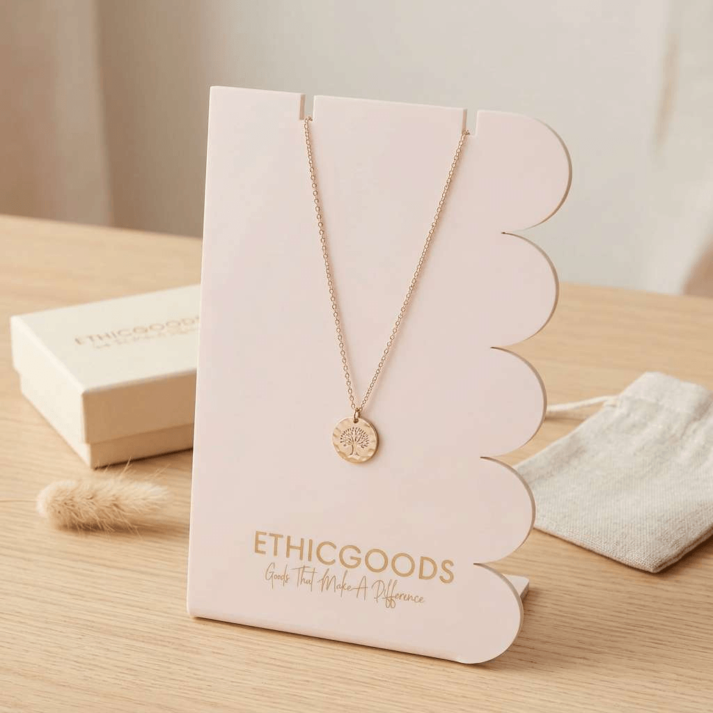 Custom pink jewelry display stand in elegant acrylic with gold logo for luxury necklace and pendant presentation